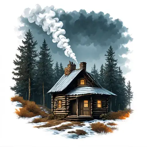 Small Cabin In The Woods With Smoke Coming From Chimney