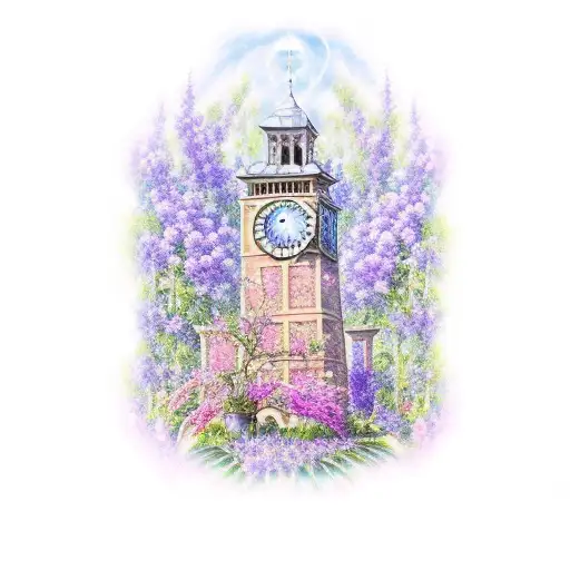 Clock Tower With Garden Of Roses And Lavender And Hummingbirds
