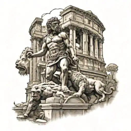 Colloseum With Gladiator And Lion