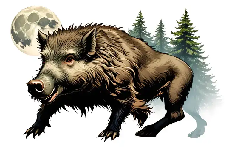 Full Moon Pine Trees Boar Fighting Stance
