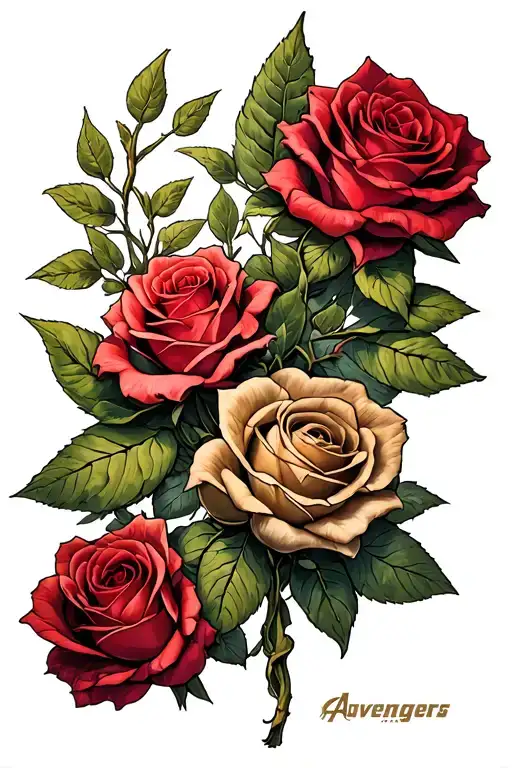 Full Sleeve Tattoo With Roses And Stems Tied Together With The Avengers Logo