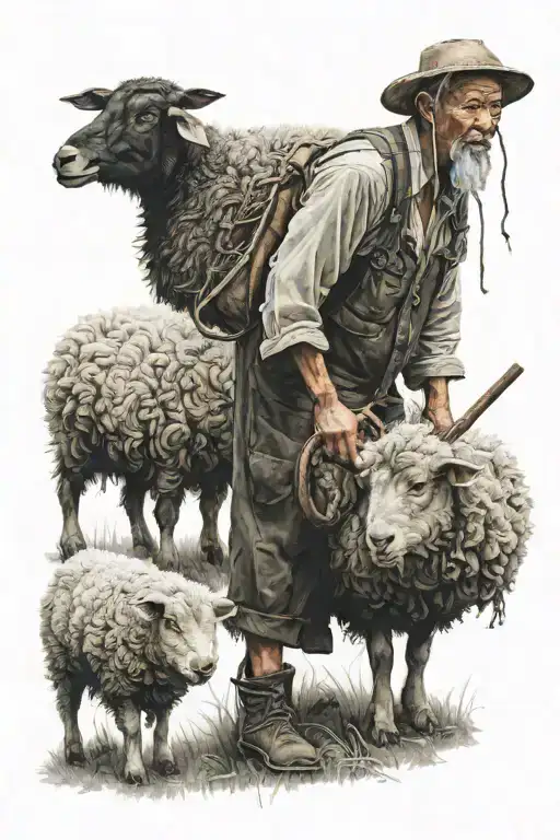 Chinese Farmer With Black Sheep Infront