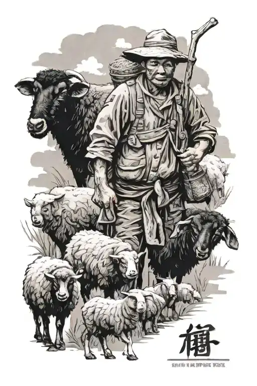 Chinese Farmer With Black Sheep Infront