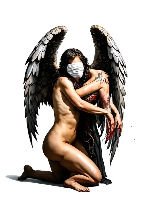 Kneeling Blindfolded Good Angel With Evil Angel Trying To Kill Her From Behind