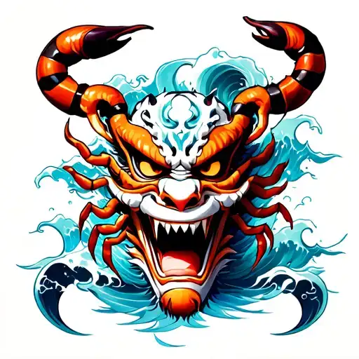 Japanese Oni Mask With Scorpion And Water Waves