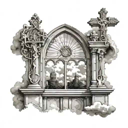 Church Window Christian Designed Statues Front Arm Outside Sides Clouds