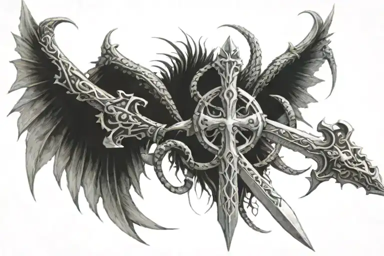 A Cross Sword With Crown And Long Wings With A Circle Shaped Dragon Around It