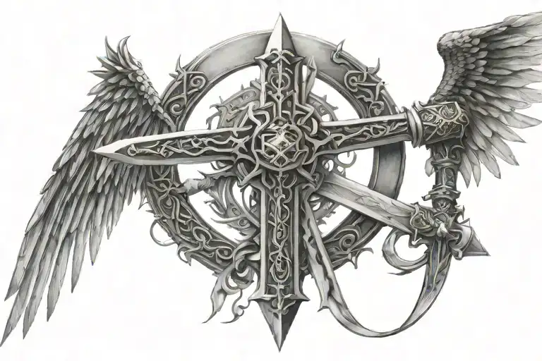 A Cross Viking Sword With Crown And Long Wings And A Circle Dragon Shaped Around It