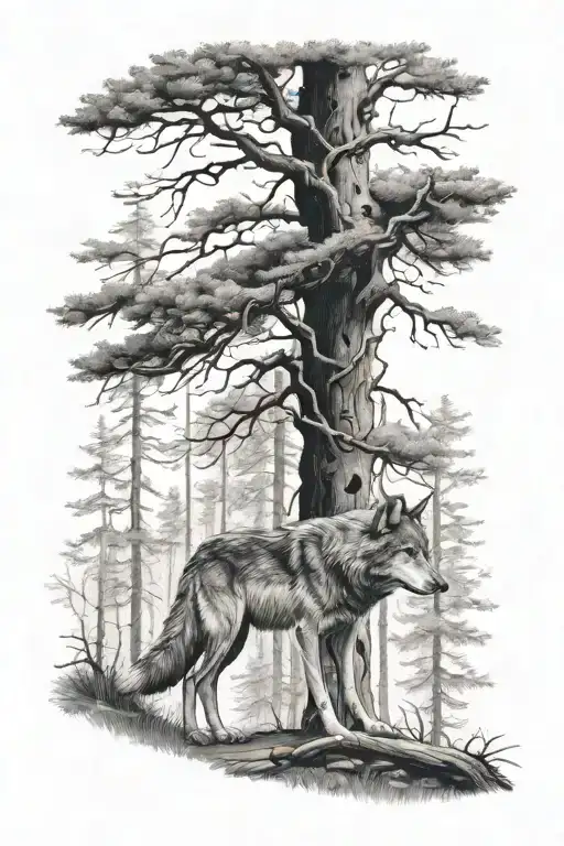 Wolf Walking In The Forest Trees Looking