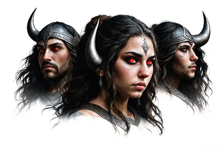 A Women With Red Eyes And Behind 4 Vikings