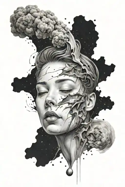 A Face With Closed Eyes Whose Head Spills Out Into Space