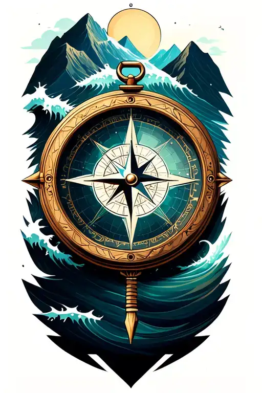 Large Compass With Intricate Geometric Moutains And Waves