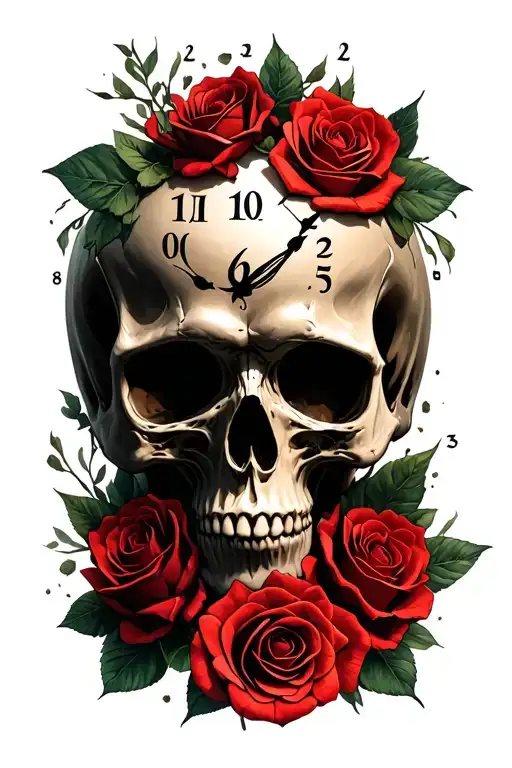 Ghoast Skull With Roses And Time