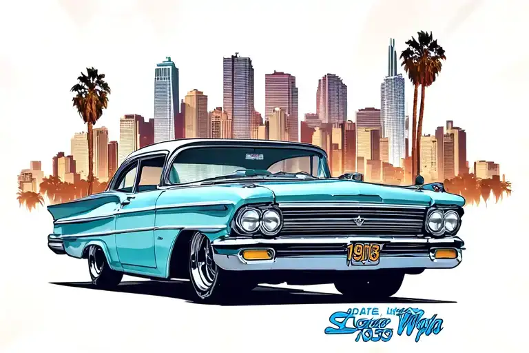 The Date 1995 Across Stomach Wth Los Angeles Skyline And 1963 Imalpa Lowrider Under The 1995 Date