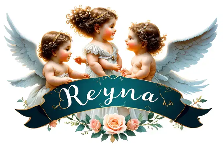 Reyna Name In Cursive And Baby Angels Flying