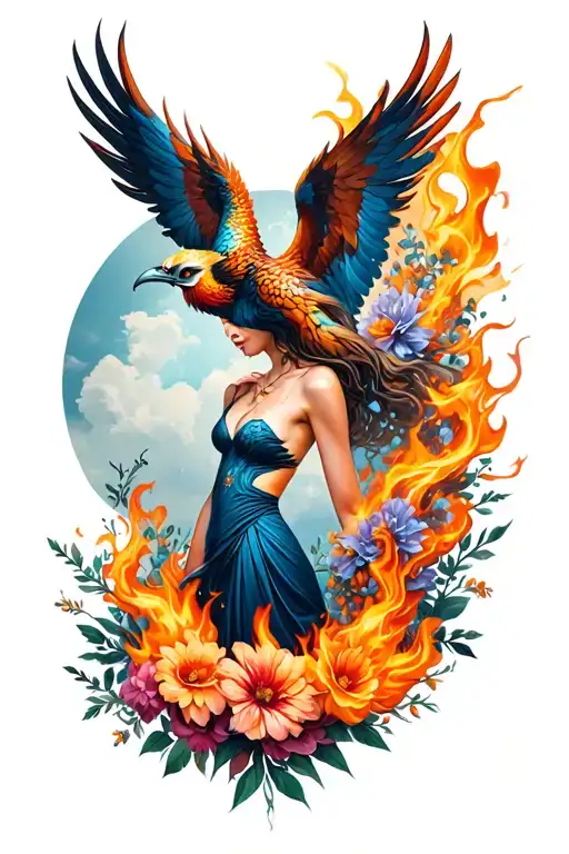 Woman On The Side That Comes Out Of The Chest And Fire Comes Out A Phoenix Surrounded By Flowers Tattoo