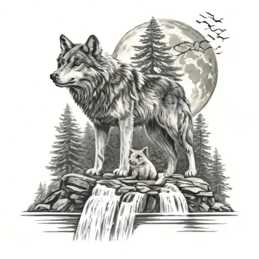 Wolf Waterfall Moon Forest She-wolf Protects Her Wolf Cub