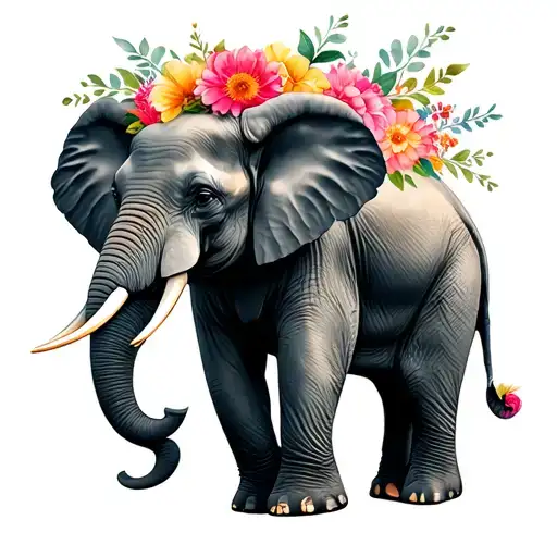 Elephant With Flowers For Thigh Under Wording