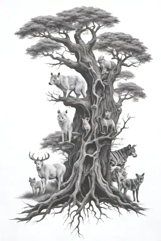 Family Tree With Animals Within The Branches Realism Black And White