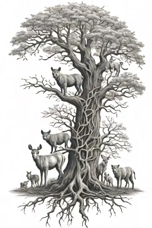 Family Tree With Animals Within The Branches Realism Black And White