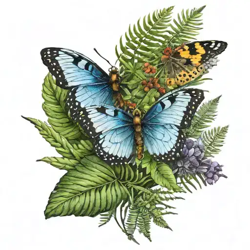Butterfly And Dragonfly And Fern Leaf