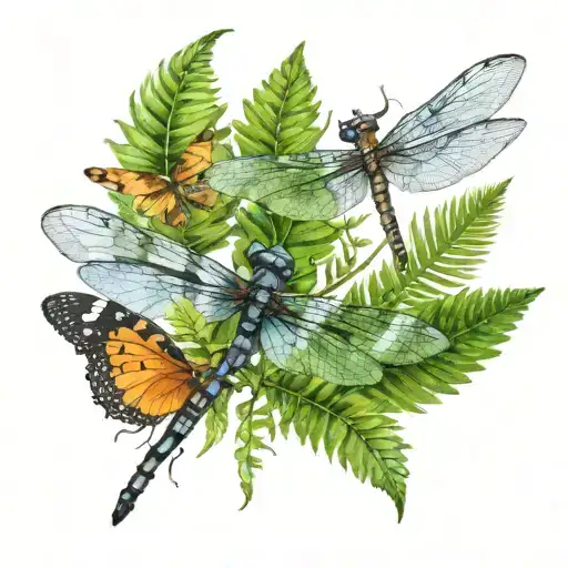 Dragonfly And Butterfly And Fern Leaf