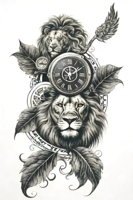 Lion Head With Clock Around Eye And Yin Yang Symbol
