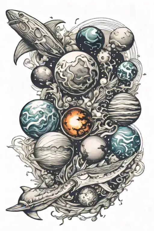 Outer Space W Planets On Shoulder Into Beach Scene With Underwater Animals On Forearm