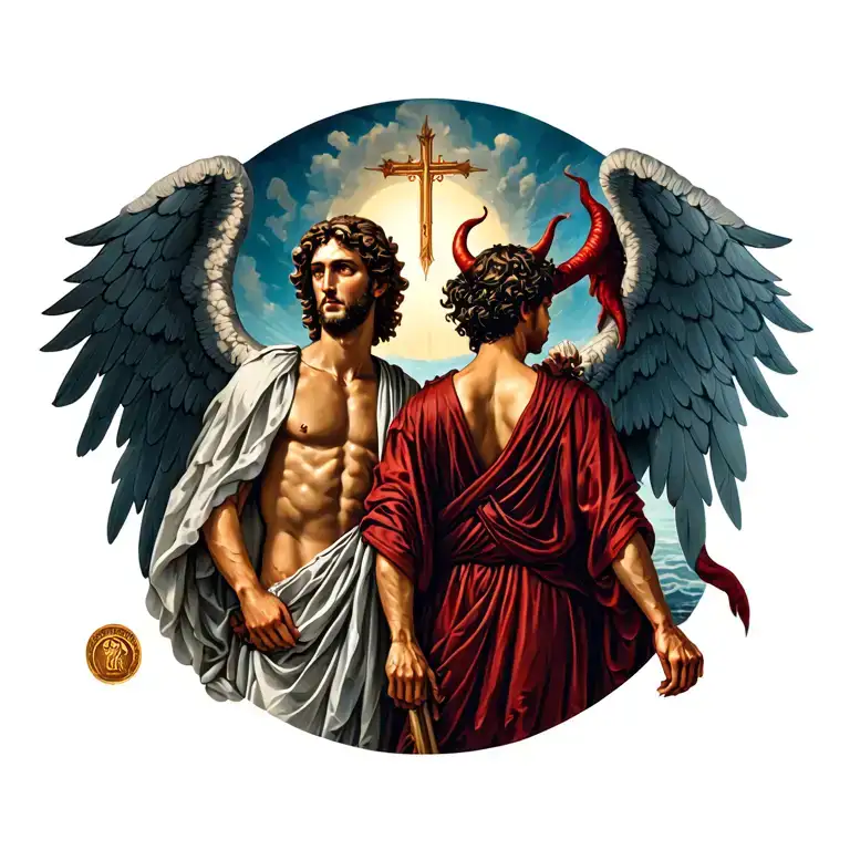 Saint Christopher With Wings And Devil On Other Side Back To Back