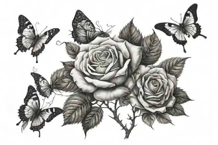 Different Phases Of A Rose Growing With Butterflies
