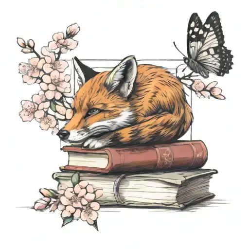 Fox On A Stack Of Four Books With Cherry Blossoms And A Moth On The Nose