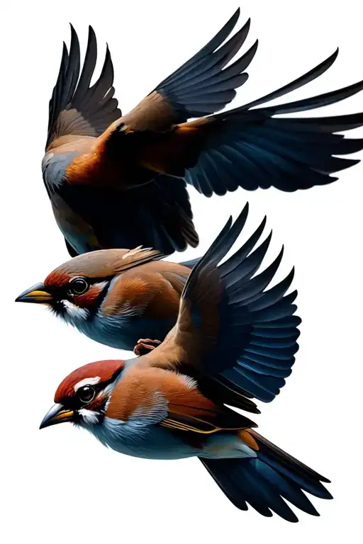 3 Semirealisitic Sparrows Flying Upward Together Facing Inward Symbolizing Siblings