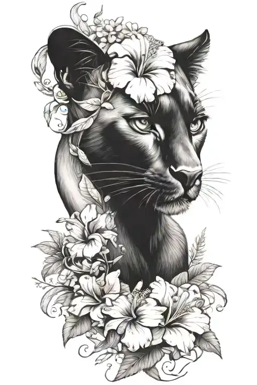 Panther With Women Face And Hibiscus Flower