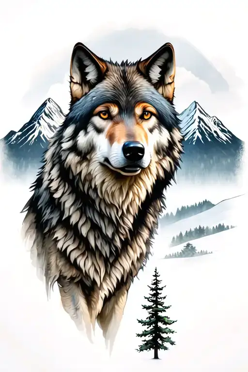 Wolf And Mountains And Trees Tattoo
