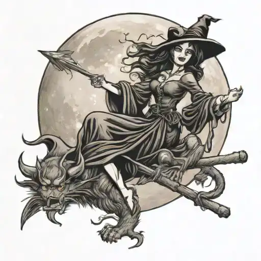 A Whimsical Scene Of Gracie As A Scorpio Witch Riding A Broomstick Under A Full Moon