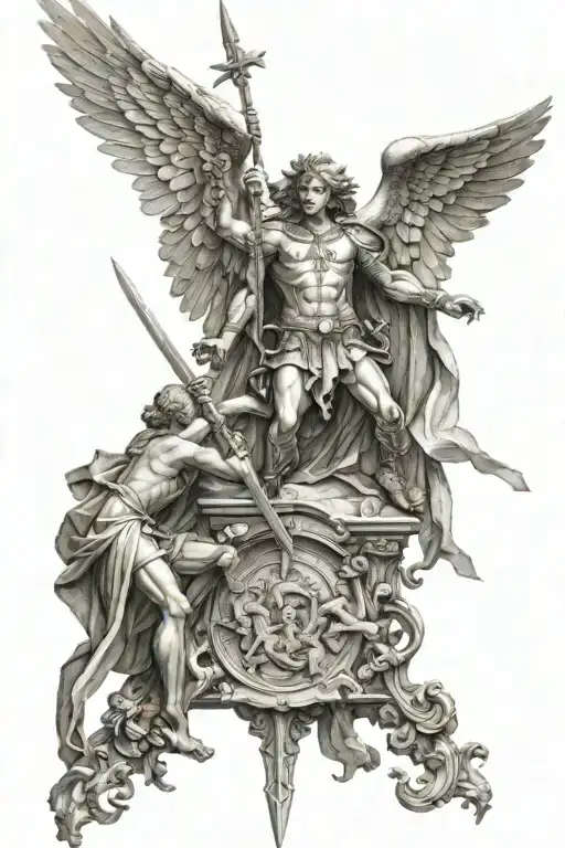 St Michael The Archangel Looking Down On Lucifer As He Prepares To Stab Him With His Sword