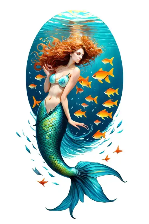 A Mermaid Gracefully Swimming Among A School Of Colorful Fish