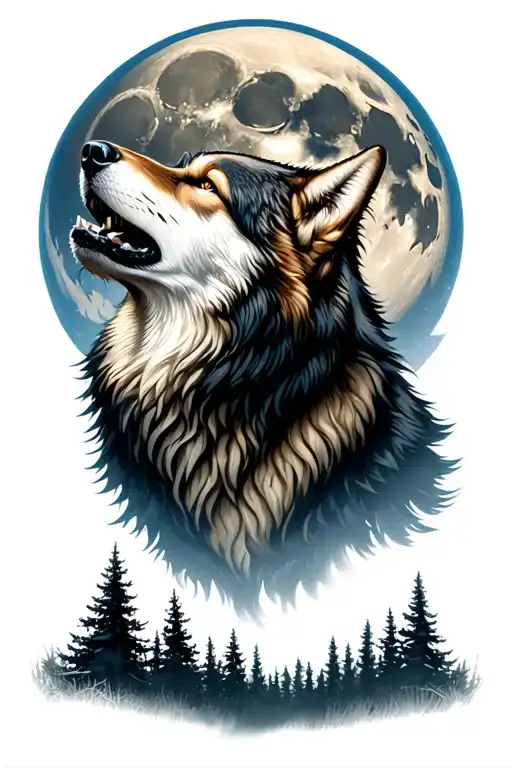 Wolfhead Howling At Moon With Trees Background