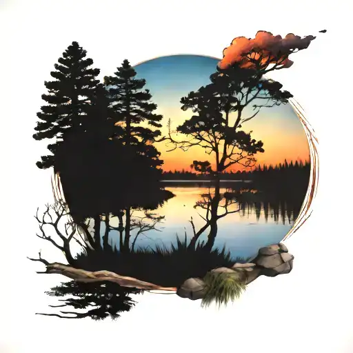 Nature Elements Like Trees Colors Sunset Over Lake