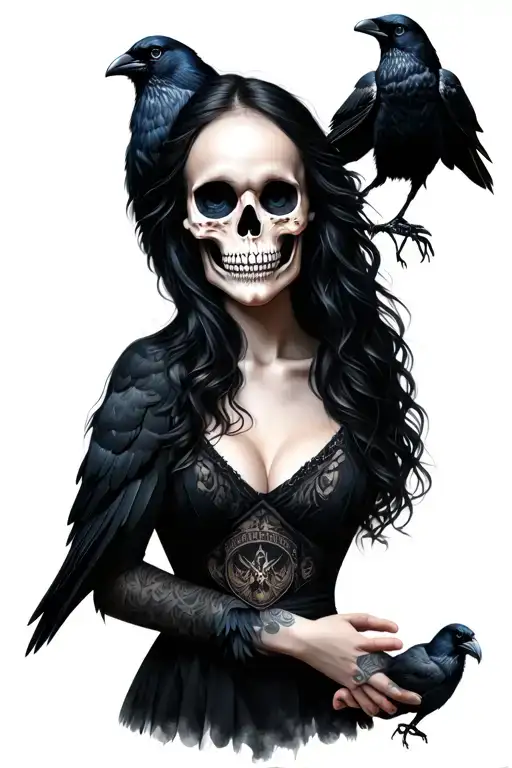 Half Skull Half Girl Face Holding 2 Crows