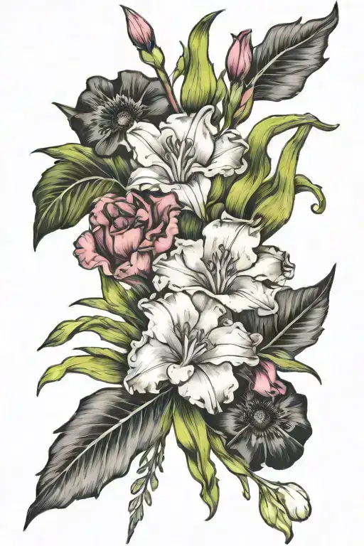Gladiolus And Poppy Bouquet With Peridot Gem At The Center