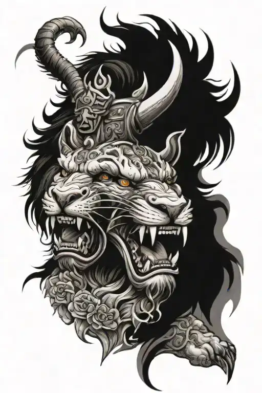 Lion With Hannya Mask And A Warrior Battling