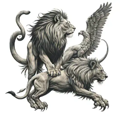 Lion And A Lioness With Pheonix Flying