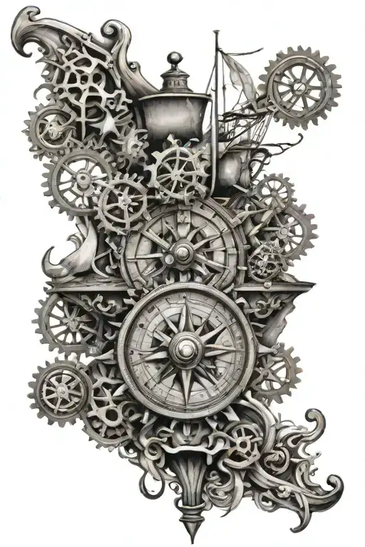 Pirate Ship Sailing With Compass Rose Gears Intertwined