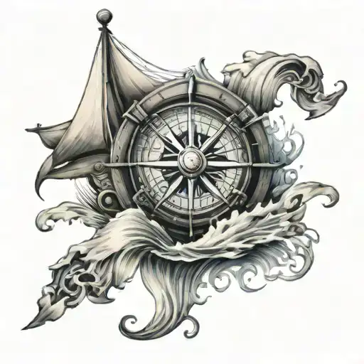Pirate Ship Sailing With Waves And Compass Rose