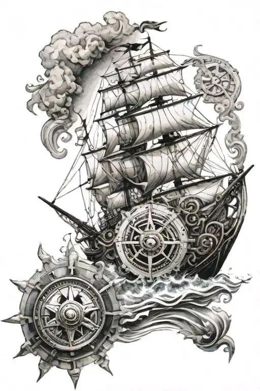 Worn Pirate Ship Sailing With Waves And Compass With Gears In Compass