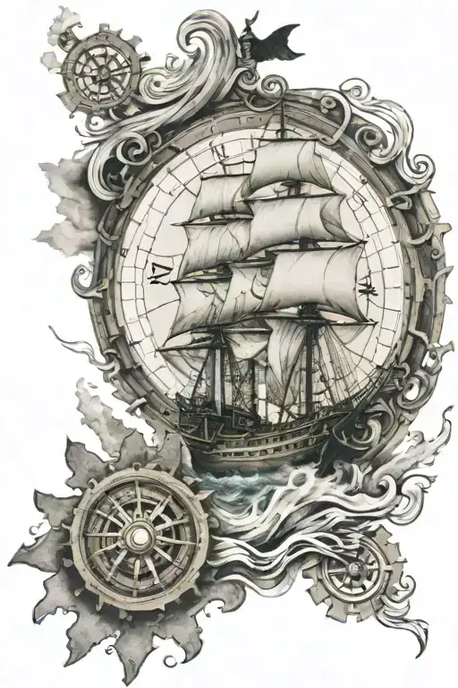 Worn Pirate Ship Sailing With Waves And Compass With Gears In Compass