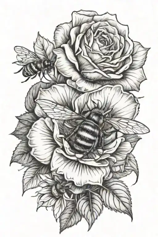 Rose With A Honeybee And A Sunflower