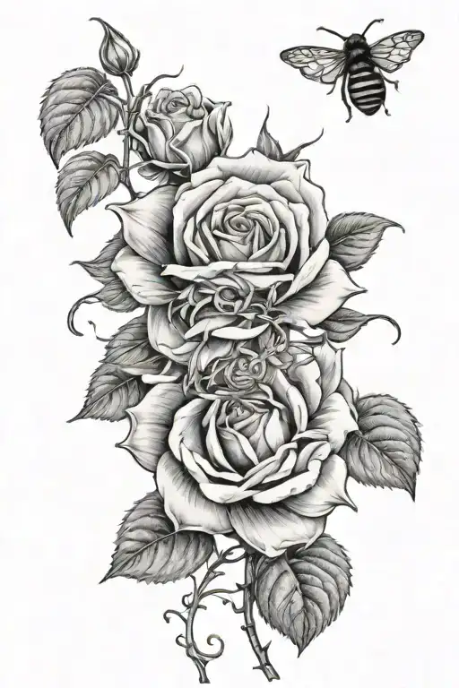 Rose With A Honeybee And A Sunflower With Vines