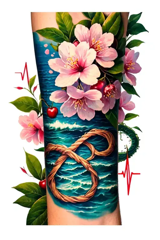 Cherry Blossom Beaches Wrapped Around Forearm With Woven Infinity Sign With Heart Beat